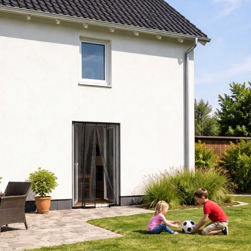 Kinder im Garten vor Terrassentür mit Fliegengitter-Lamellen zuverlässiger Insektenschutz für Balkon und Terrasse