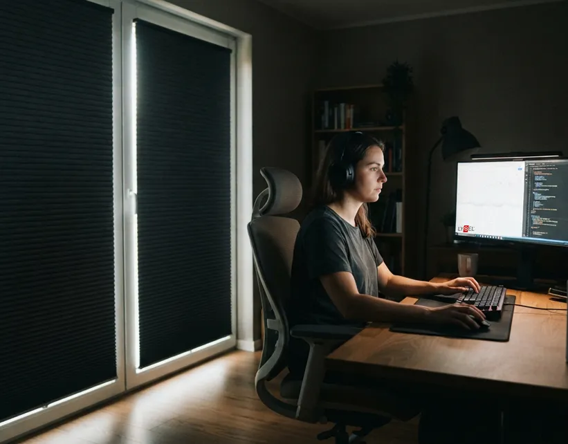 Frau arbeitet im Homeoffice mit heruntergelassenen Verdunklungsplissee